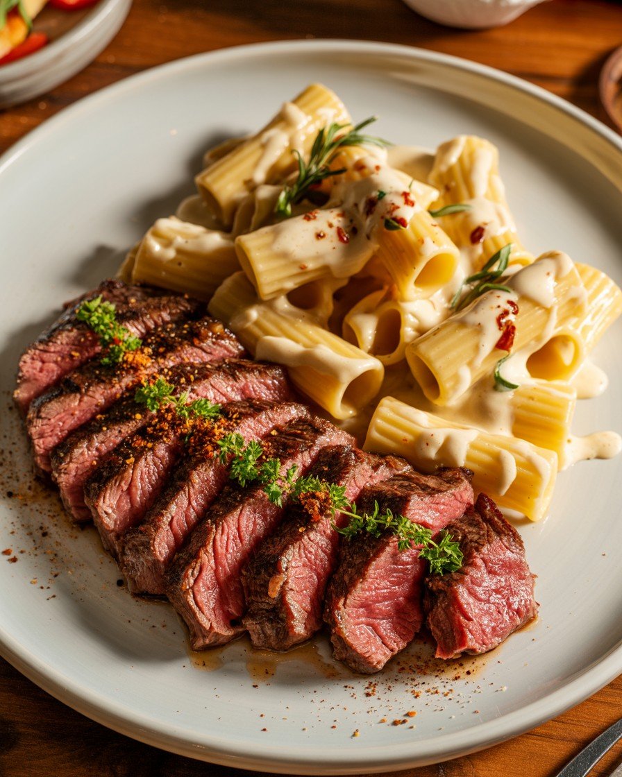 Cheesy Cajun Garlic Butter Steak with Creamy Rigatoni