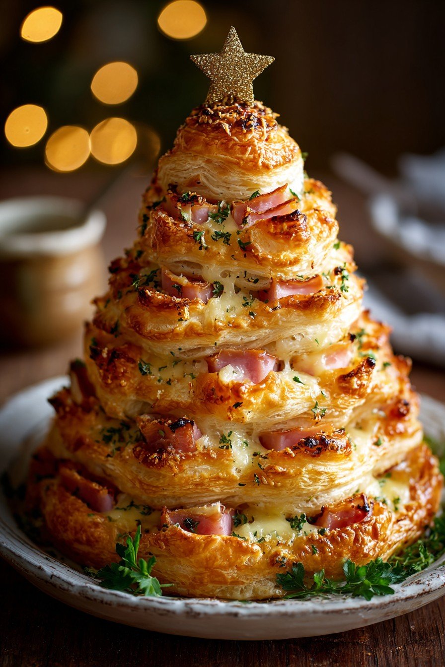Crispy Ham & Cheese Puff Pastry Christmas Tree for Christmas Parties