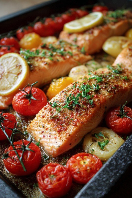 Lemon garlic salmon tray bake – easy & healthy!