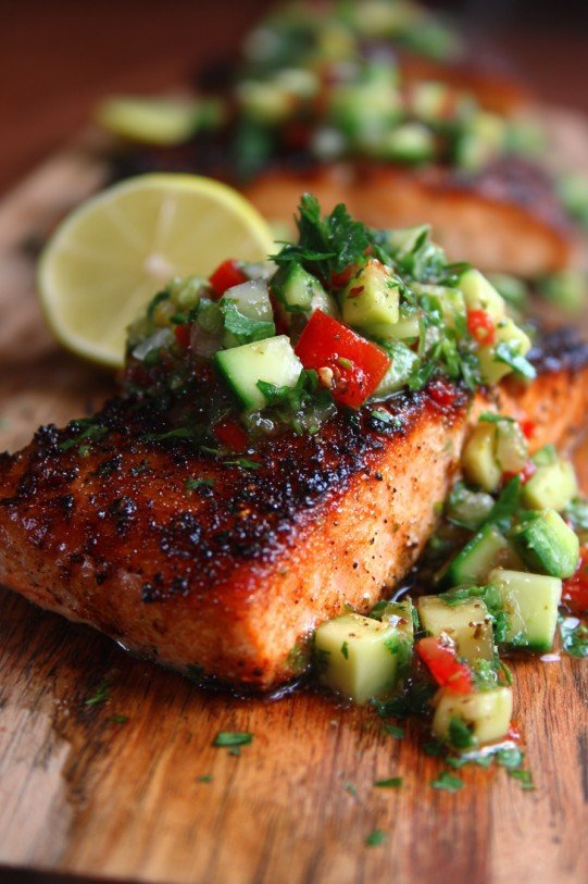 Bang Bang Salmon with Avocado Cucumber Salsa