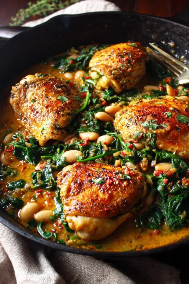 One-pan chicken with spinach and white beans