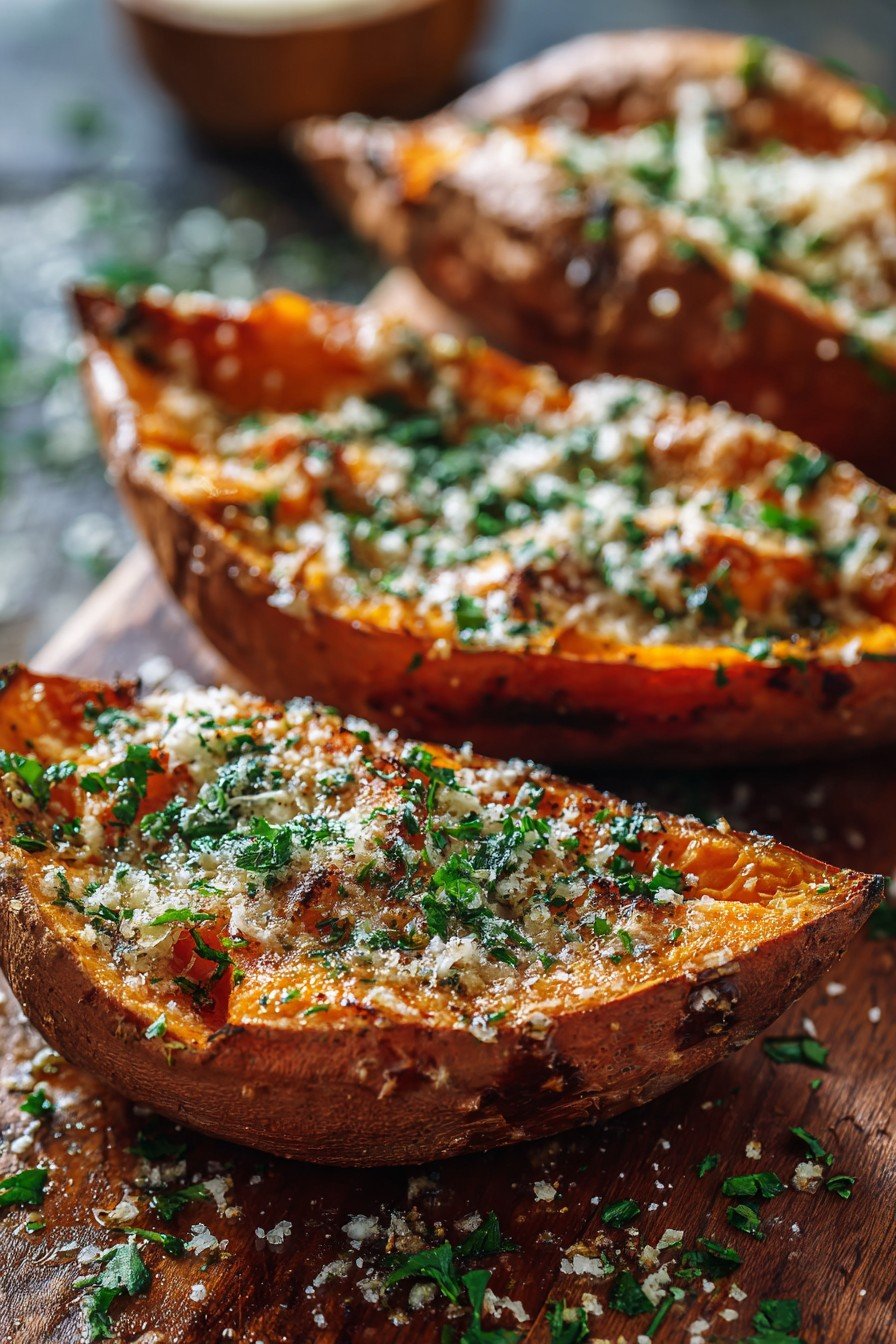Roasted Sweet Potato Recipe with Garlic and Parmesan