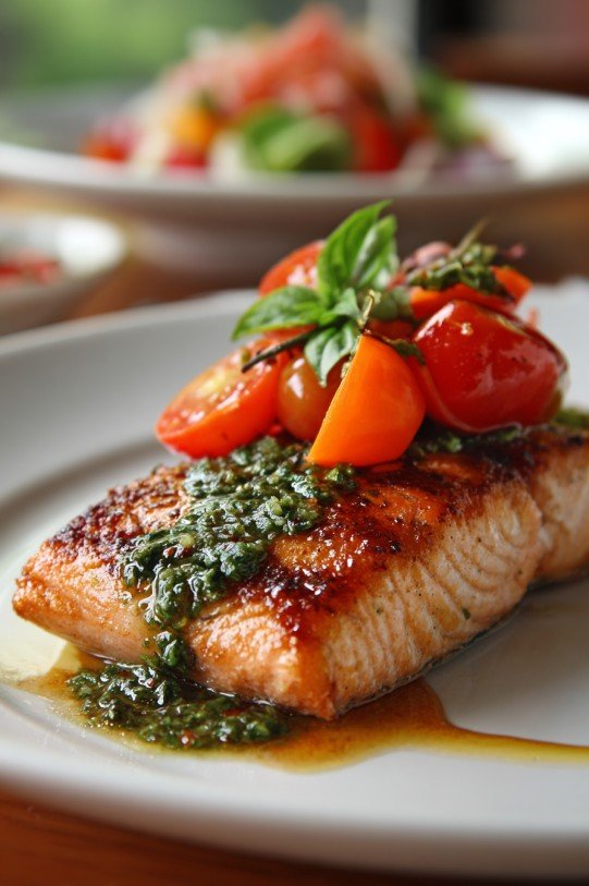 Salmon with Basil Sauce and Tomato Salad