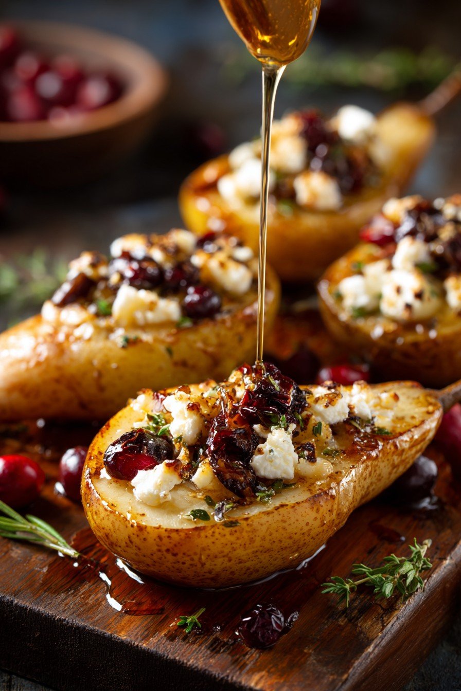 Baked Pears with Feta, Honey, and Cranberries