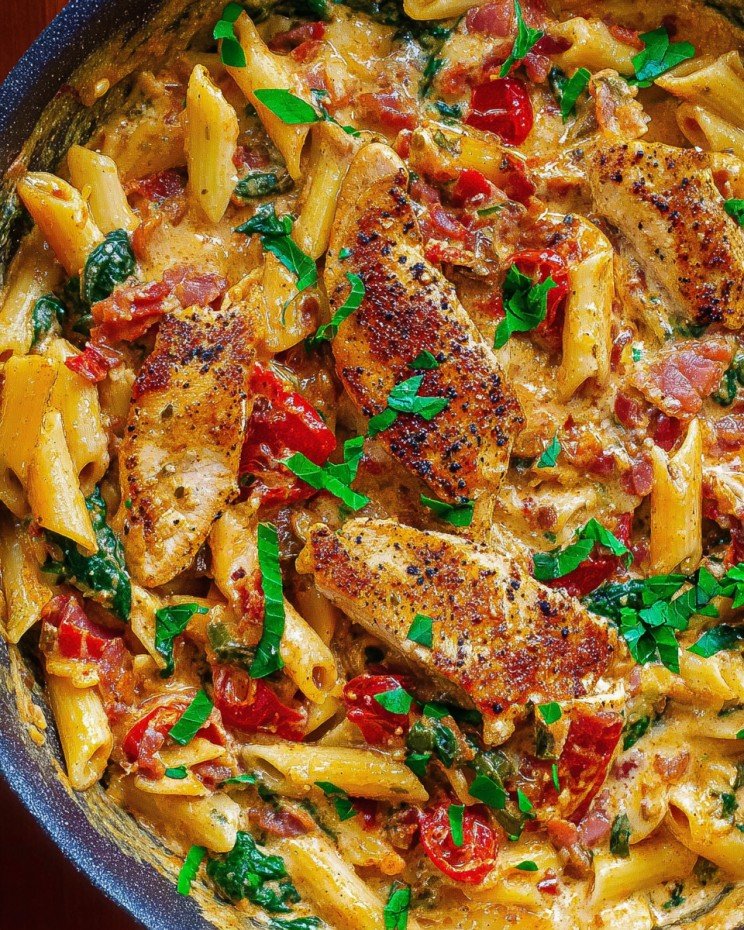 Chicken Bacon Pasta with Spinach and Tomatoes