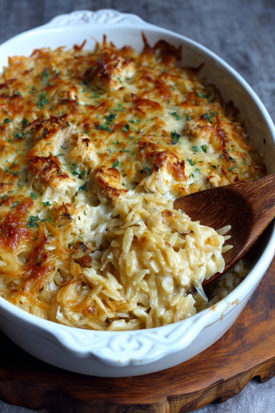 French Onion Chicken Orzo Casserole