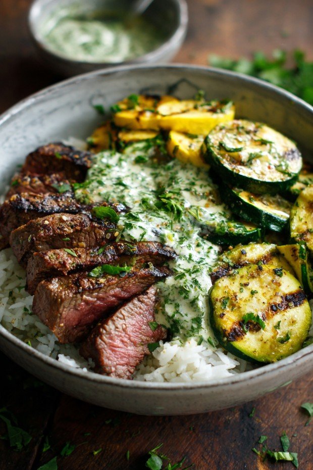 Grilled Steak Bowl with Herb Sauce & Zucchini Bliss Recipe for a Summer BBQ