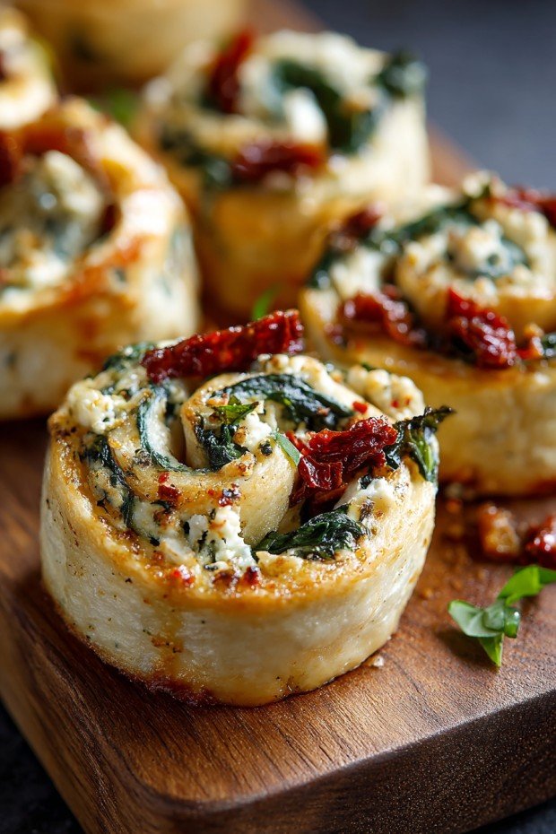 Mediterranean Pinwheels - Vegetarian Appetizer (3 cheeses, sundried tomatoes, spinach, and basil)