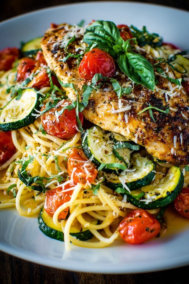 Parmesan Zucchini Tomato Chicken Spaghetti
