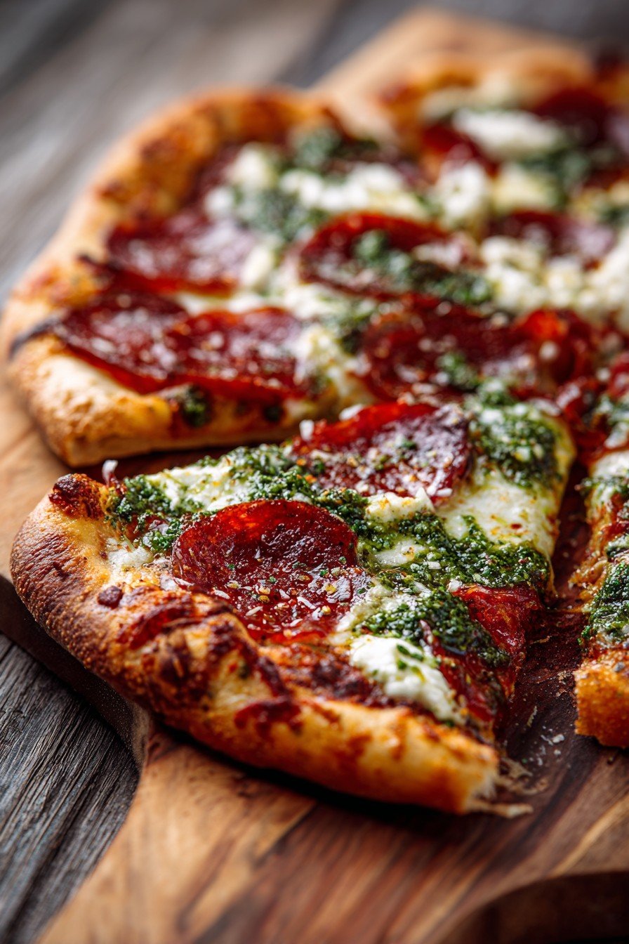 Pepperoni and Burrata Pizza with Pesto