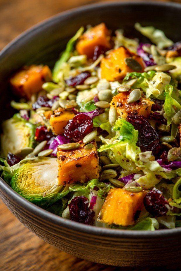 Roasted Brussels Sprouts Salad with Maple Butternut Squash, Pumpkin Seeds, and Cranberries