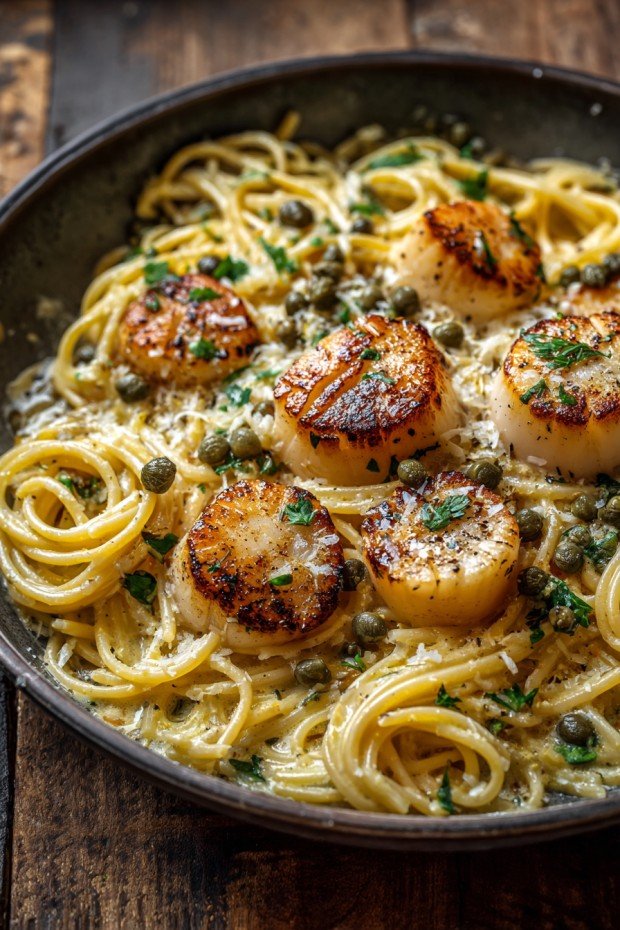 Scallop Spaghetti in Creamy White Wine Butter Garlic Sauce with Capers