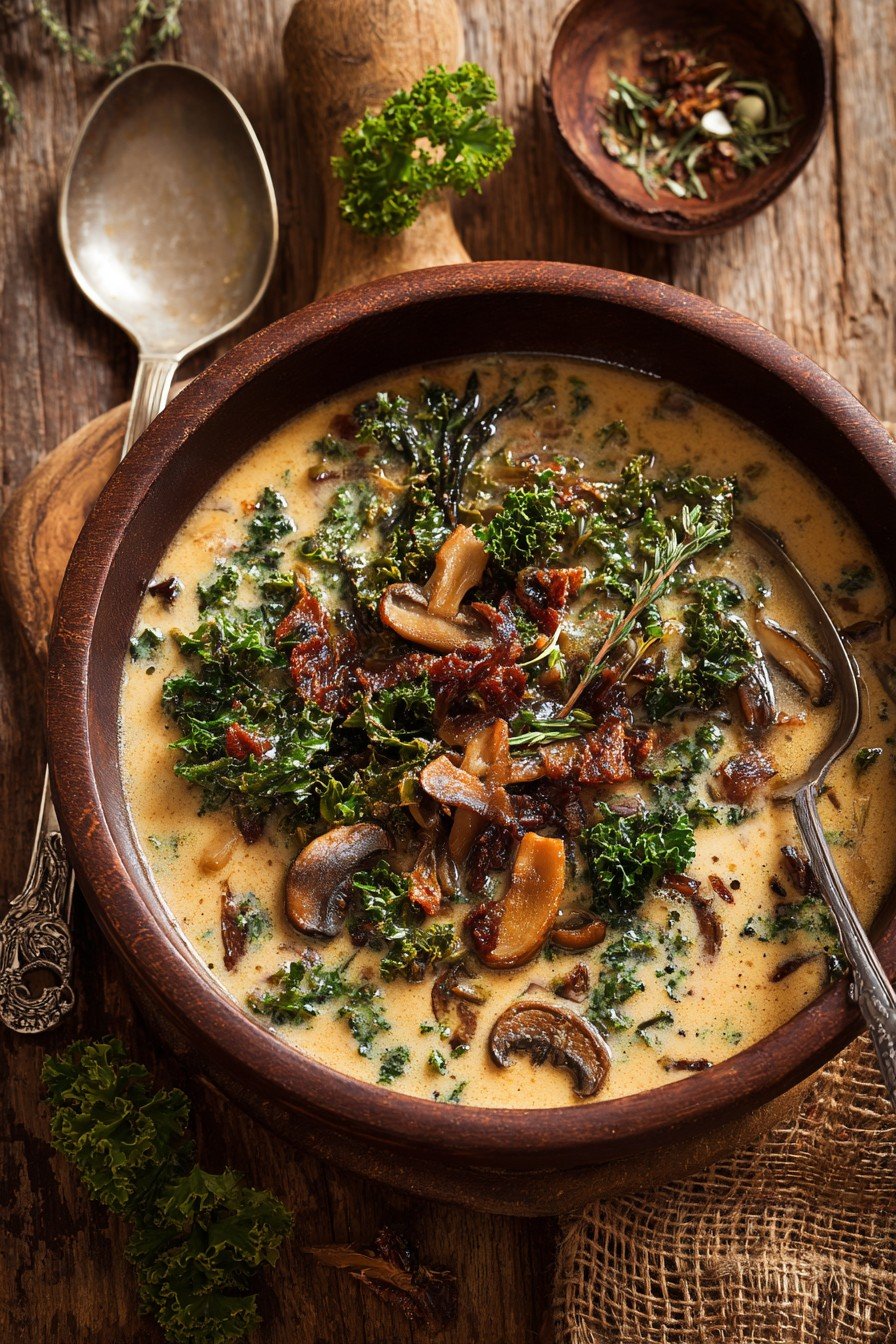 Wild Mushroom, Caramelized Onion And Kale Soup